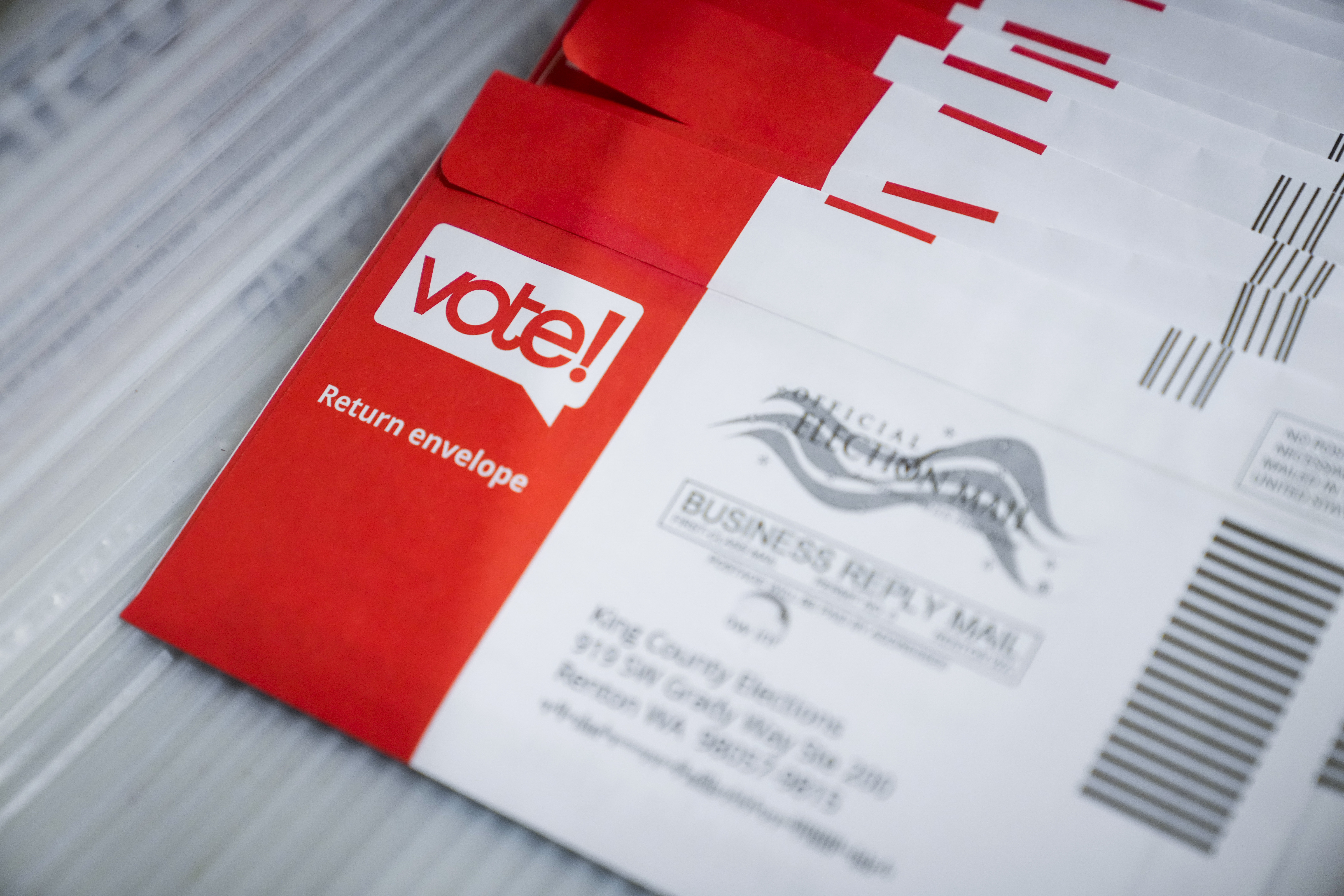 A tray of mail-in ballots is seen at King County elections headquarters on Nov. 5, 2024, in Renton, Wash.